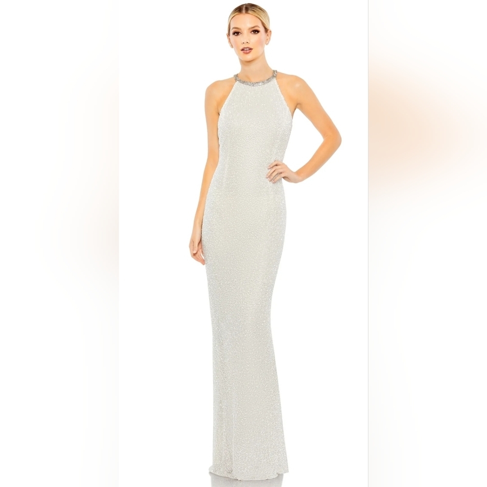 Mac Duggal Silver Halter Gown